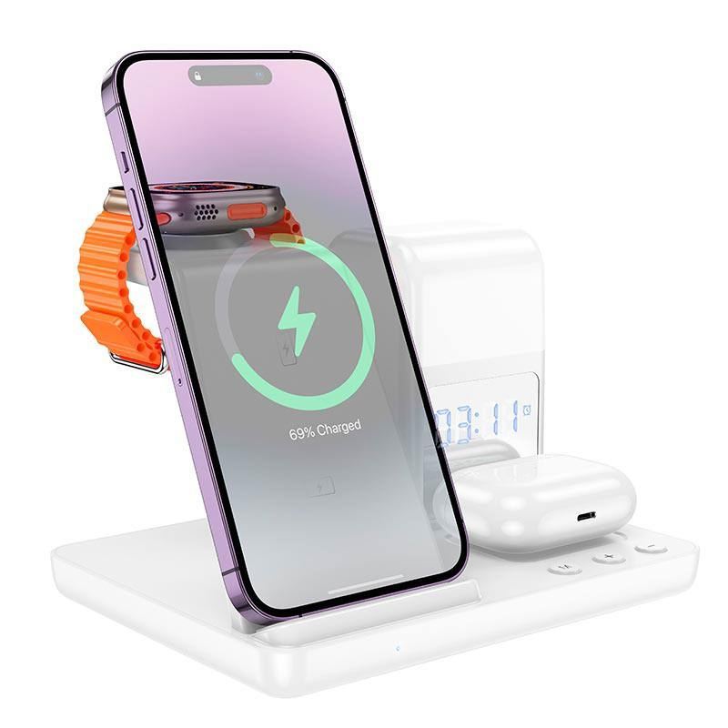 Зарядка Qi HOCO 3-in-1 + night light, with clock